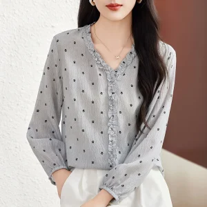 New 100% Real Silk Elegant Shirts Fashion Blouses Women Summer V-neck Women's Print Shirt Loose Tops Woman Vintage Blouse - AliExpress Shirts & Blouses
