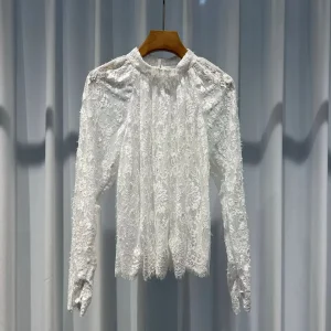 Women Floral Lace Embroidery Long Sleeve Elegant White Stand Collar Pullover Top - AliExpress Shirts & Blouses