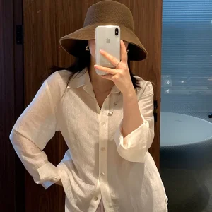 Summer Style Acetate Blend Lightweight Shirt with Detachable Waist Cord Women's Casual Loose Fit  Neck Long Sleeve Shirt - AliExpress Shirts & Blouses