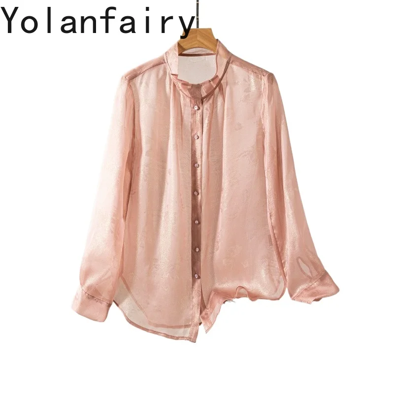 YOLANFAIRY 100% Real Mulberry Silk Shirts for Women Fashion Long Sleeve Blouses Woman Elegant Stand Collar Organza Jacquard Tops - AliExpress Shirts & Blouses