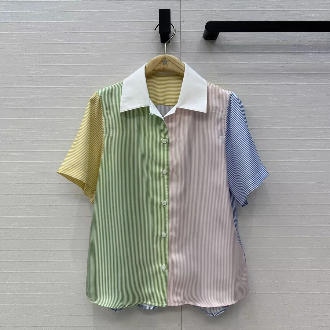 2026 New Summer Preppy Style Twill Silk Shirt Women Patchwork Lapel Short Sleeve Contrast Stripes Pattern Casual Loose Blouse - AliExpress Shirts & Blouses