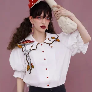 100-108cm Bust Spring Summer White Shirts Original Design Women Vintage Elegant Loose Mushroom Embroidered Collar Shirts/Blouses - AliExpress Shirts & Blouses