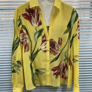Flower Print Women Yellow Shirt 100% Silk Turn-down Collar Long Sleeve Single Breasted Fashion Ladies Blouse - AliExpress Shirts & Blouses