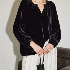 Winsleter-Bottom 100%Real Silk Elegant Velvet Shirt, V Neck Beading, Women Retro Casual Temperament Blouse, 2026 Spring T62210CC - AliExpress Shirts & Blouses