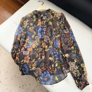 Women 100% Silk Retro Blouse Top Flower Print Stand Collar Long Sleeve Single Breasted Vintage Female Shirt - AliExpress Shirts & Blouses