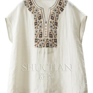 Old Money Blouse Vacation Style Method Positioning Embroidery Silver Silk Linen V-neck Bag Rotator Sleeve Shirt Women's 36W3 - AliExpress Shirts & Blouses