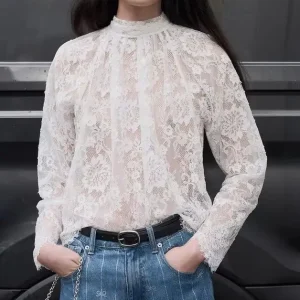 2026 New Women's Pure White Semi High Neck Long Sleeved Lace Top - AliExpress Shirts & Blouses