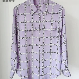 Birdtree,18MM 100%  Silk Blouse,Women's Sand Wash Double Crepe Print Shirts,Full Sleeve Tops,2025 New Shirt T5D311JF - AliExpress Shirts & Blouses
