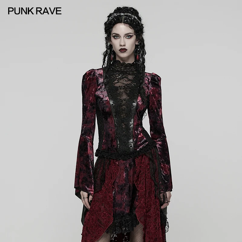 PUNK RAVE Women's Gothic Gorgeous Tie-dyed Velvet Lace Shirt Reveals Sexiness Collar Pleated Exquisite Blouse Tops 3 Colors - AliExpress Shirts & Blouses