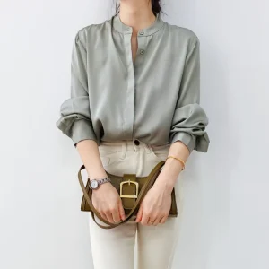 Women Mulberry Silk Shirt Stretch Double Small Stand-up Collar Shirt - AliExpress Shirts & Blouses