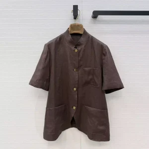 Old Moeny Style Vintage 100% Linen Shirt Women Stand Collar Short Sleeve Metal Buttons Solid Color Casual Loose Summer Blouse - AliExpress Shirts & Blouses