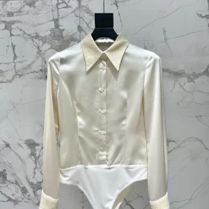 Elegant Women's Embroidered Bead Heavy Work Acetate Fabric Shirt Style Jumpsuit Slimming Luxury Feel Stand Collar Long Sleeve - AliExpress Shirts & Blouses
