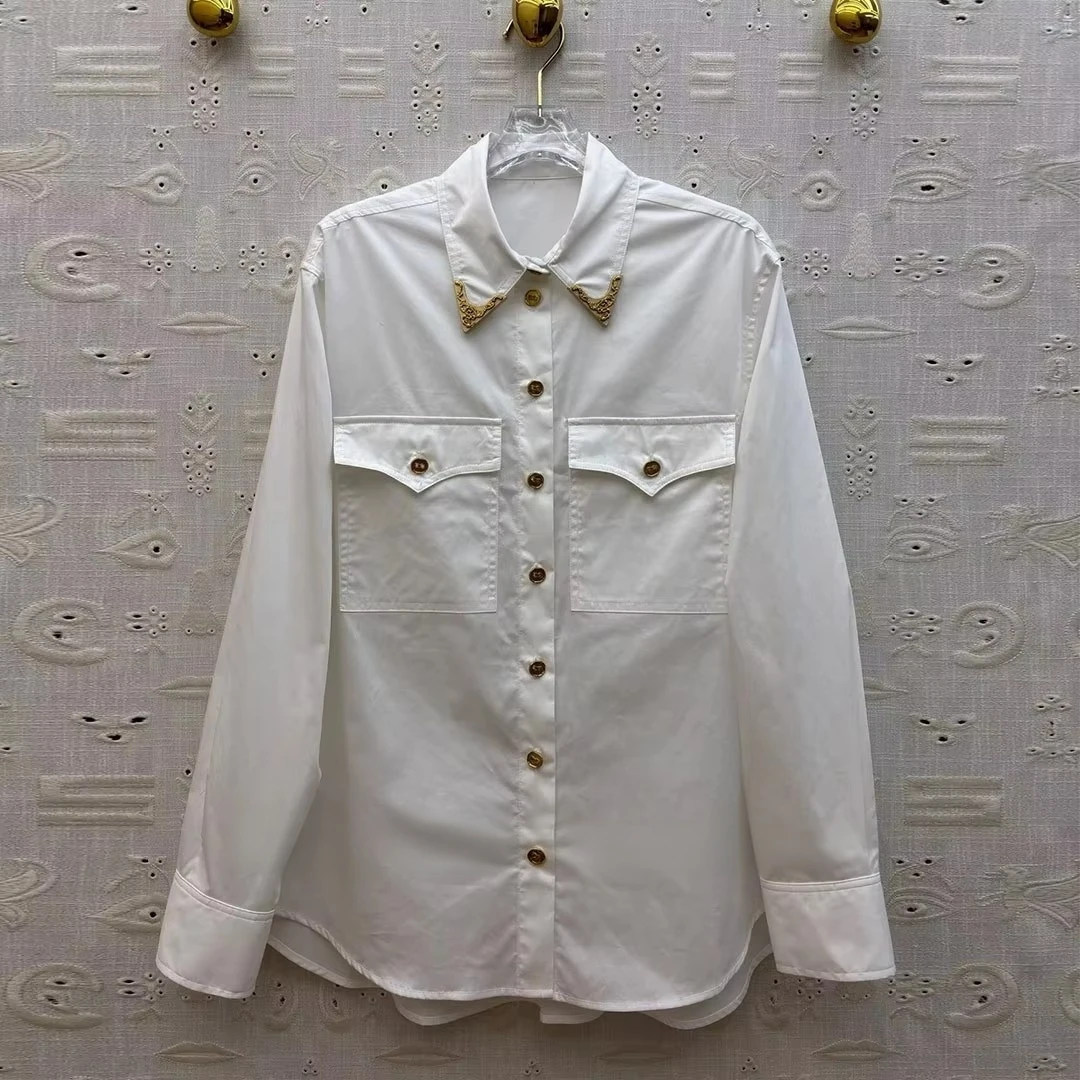 Novelty Fashion Gold Metal Decoration Lapel Long Sleeve Single Breasted Shirt Women Solid Color Pockets Chic High Street Blouse - AliExpress Shirts & Blouses