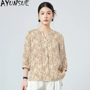 AYUNSUE 100% Silk Women's Blouses and Shirts Striped Printed Tops for Woman V-neck Loose Summer Tops Woman Clothes Ropa De Mujer - AliExpress Shirts & Blouses