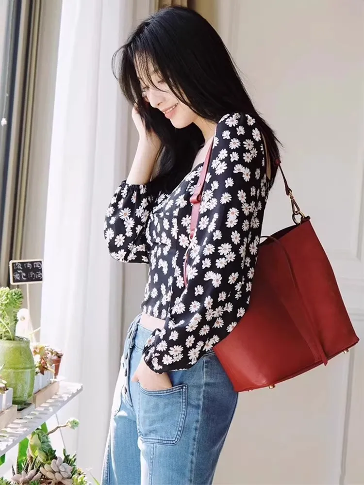 EXJR Zhang Li Spring Autumn Black Square Collar Daisy Print Shirt Short One Shoulder Women's Casual Loose Fit Long Sleeve Top - AliExpress Shirts & Blouses