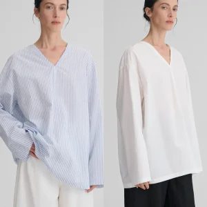Elegant Two-Tone Lyocell Cotton Shirt V-Neck Loose Fit Women's Casual Shirt Simple Style Spring Season Long Sleeve - AliExpress Shirts & Blouses