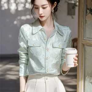 New Fresh Mint Green Lapel Jacquard Long Sleeved Shirt Women With A Sense Of Luxury, Elegant And Chic Temperament, Versatile Top - AliExpress Shirts & Blouses
