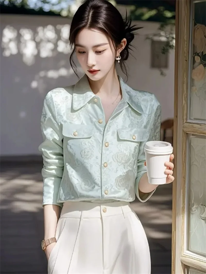New Fresh Mint Green Lapel Jacquard Long Sleeved Shirt Women With A Sense Of Luxury, Elegant And Chic Temperament, Versatile Top - AliExpress Shirts & Blouses