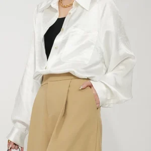 QCEO Women's Loose Acetate Satin Shirt Metal Luster Batwing Sleeve Long Sleeve  Collar Spring Autumn Cool Feeling Regular... - AliExpress Shirts & Blouses