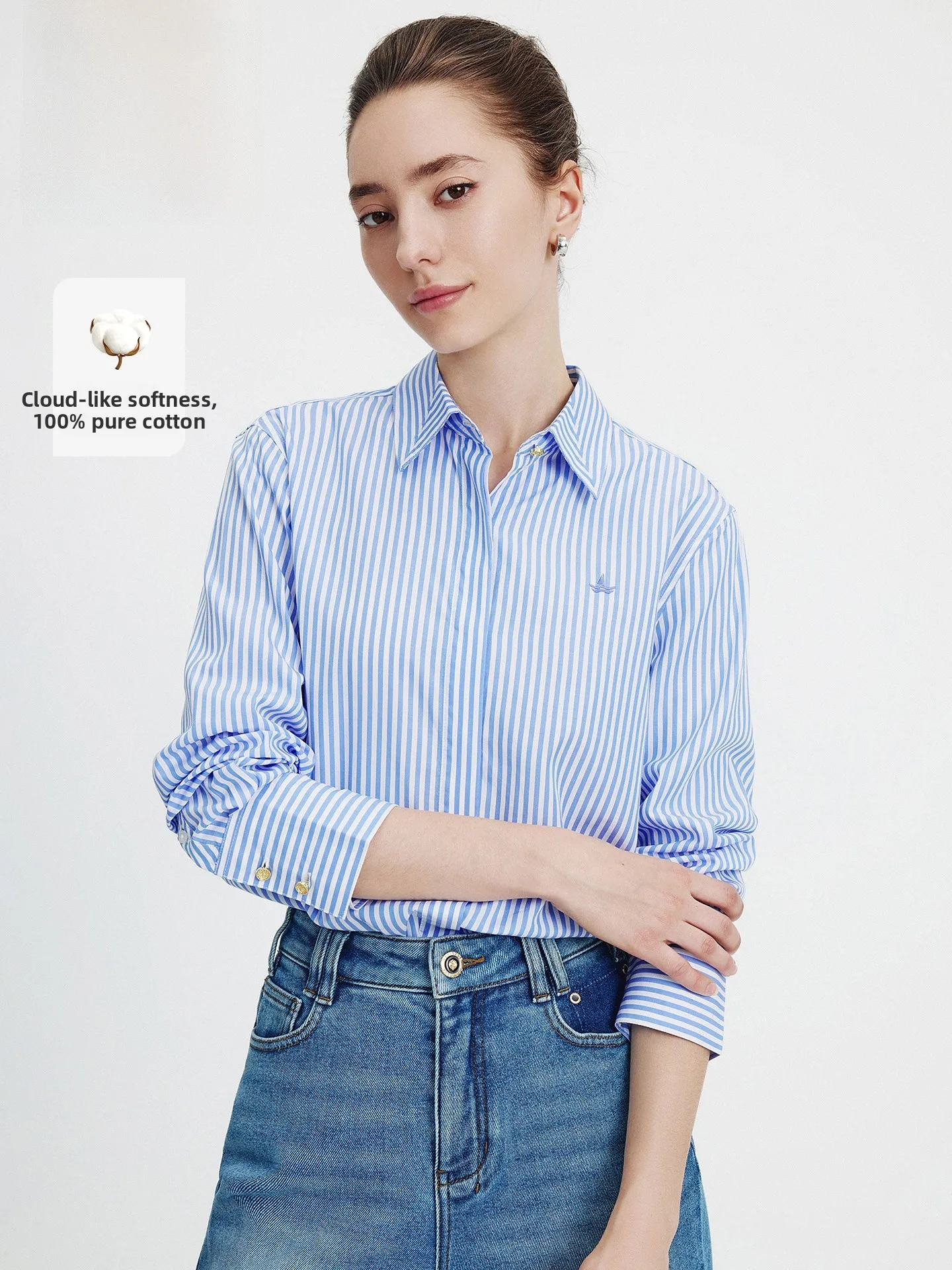 Navigare Women's Long Sleeve Cotton Shirt Striped Blue Pure Cotton Commute Style Small Sail Boat Design Autumn New Arrival - AliExpress Shirts & Blouses
