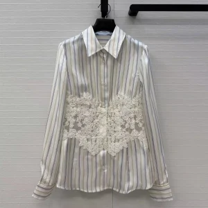 Elegant Fashion Colorful Vertical Stripes 100% Silk Shirt Women New Spring Laple Long Sleeve Lace Patchwork Slim Sweet Blouse - AliExpress Shirts & Blouses