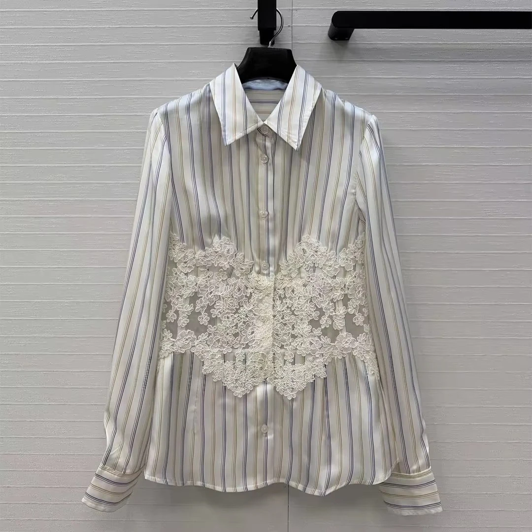 Elegant Fashion Colorful Vertical Stripes 100% Silk Shirt Women New Spring Laple Long Sleeve Lace Patchwork Slim Sweet Blouse - AliExpress Shirts & Blouses