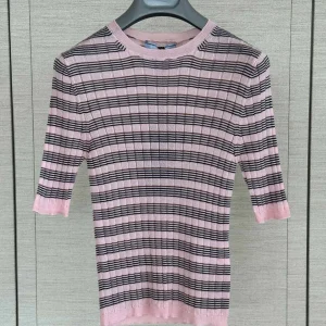 2026 Custom Pink Striped Grid Knit Top Women Crew Neck 3/4 Sleeve Slim Light Knit Blouse Custom Logo - AliExpress Shirts & Blouses
