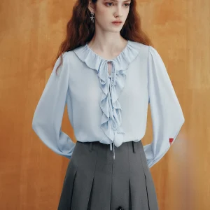 French Style Blue Lace Hem Lantern Sleeve Chiffon Shirt round Neck Top by Famanxuan Autumn New Arrival Elegant Women's Fashion - AliExpress Shirts & Blouses