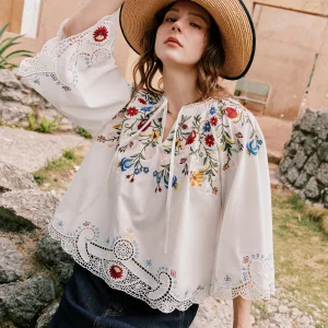 French Holiday Linen Combed Cotton Hollow out Heavy Embroidery Women's Shirt Loose Fit V-Neck Seven Sleeve Long Shirt - AliExpress Shirts & Blouses
