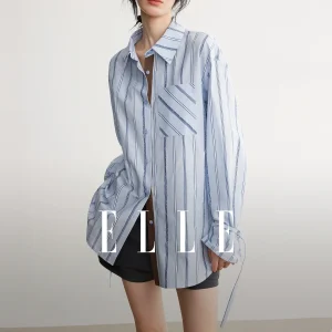 ELLE Pure Cotton Striped Color Block Women's Shirt Belted Commute Fashionable Shirt Loose Fit Long Sleeve Casual Style - AliExpress Shirts & Blouses
