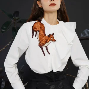 88-96cm Bust Spring Autumn Original Design Women Vintage Fox Embroidery Stand Collar Asymmetrical Wavy Ruffle Shirts/Blouses - AliExpress Shirts & Blouses