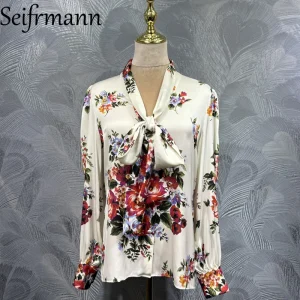 Seifrmann 2026 summer women's clothing new fashionable frenulum collar long sleeved silk printed top - AliExpress Shirts & Blouses
