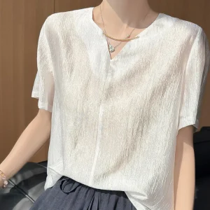 Elegant V-Neck Short Sleeve Shirt Women Summer Thin Drapey Versatile Top White Acetate Satin T-Shirt Commute Straight Cut Basic - AliExpress Shirts & Blouses