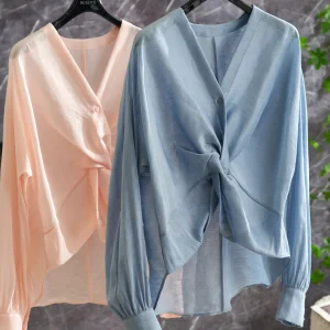 Elegant Silk V-neck Long Sleeve Sun Protection Shirt Women's Top Draping Loose Fit Button Detail Asymmetrical Hem - AliExpress Shirts & Blouses