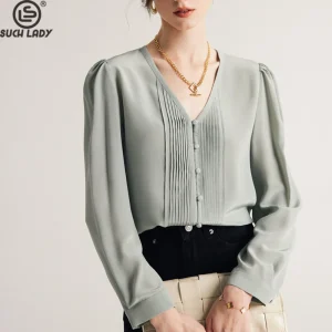 100% Natural Silk Women's Shirt Sexy V Neck Long Sleeves Pleated Elegant Fashion Blouse Tops - AliExpress Shirts & Blouses