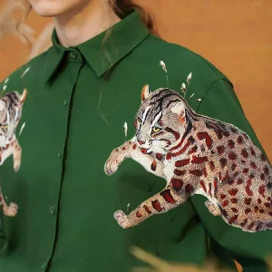 100-108cm Bust Spring Fall Loose Green Shirts Original Design Women Vintage All-match Leopard Jacquard Cotton Shirts/Blouses - AliExpress Shirts & Blouses
