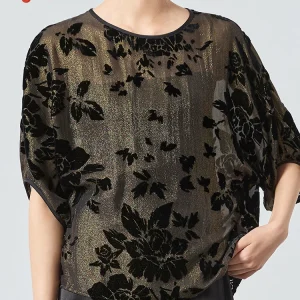 MadBlack-Silk Velvet Elegant Shirt, O Neck Half Sleeve Jacquard, Women Vintage Casual Sheer Blouse, 2026 Summer New T64912CC - AliExpress Shirts & Blouses