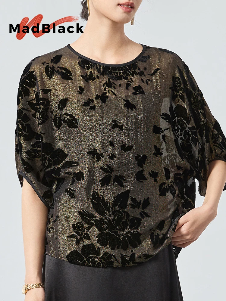 MadBlack-Silk Velvet Elegant Shirt, O Neck Half Sleeve Jacquard, Women Vintage Casual Sheer Blouse, 2026 Summer New T64912CC - AliExpress Shirts & Blouses