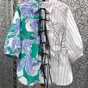 Loose Bubble Sleeve Printed Stripe Patchwork New Chinese Style Milan Town Small South Oil High Version Shirt Women's Fashion - AliExpress Shirts & Blouses