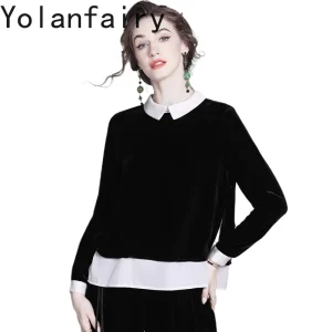 YOLANFAIRY Women's Silk Velvet Top Autumn 2025 Polo Neck Long Sleeve Shirts Woman Fake Two-piece Ladies Tops and Blouses Camisa - AliExpress Shirts & Blouses