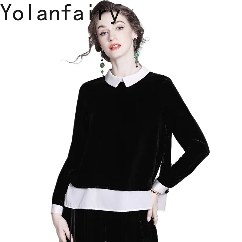 YOLANFAIRY Women's Silk Velvet Top Autumn 2025 Polo Neck Long Sleeve Shirts Woman Fake Two-piece Ladies Tops and Blouses Camisa - AliExpress Shirts & Blouses