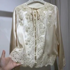 Women Lace Embroidery Elegant Shirt Bow Tie Round Neck Long Sleeve Single Breasted Fashion Ladies 100% Silk Blouse Top - AliExpress Shirts & Blouses