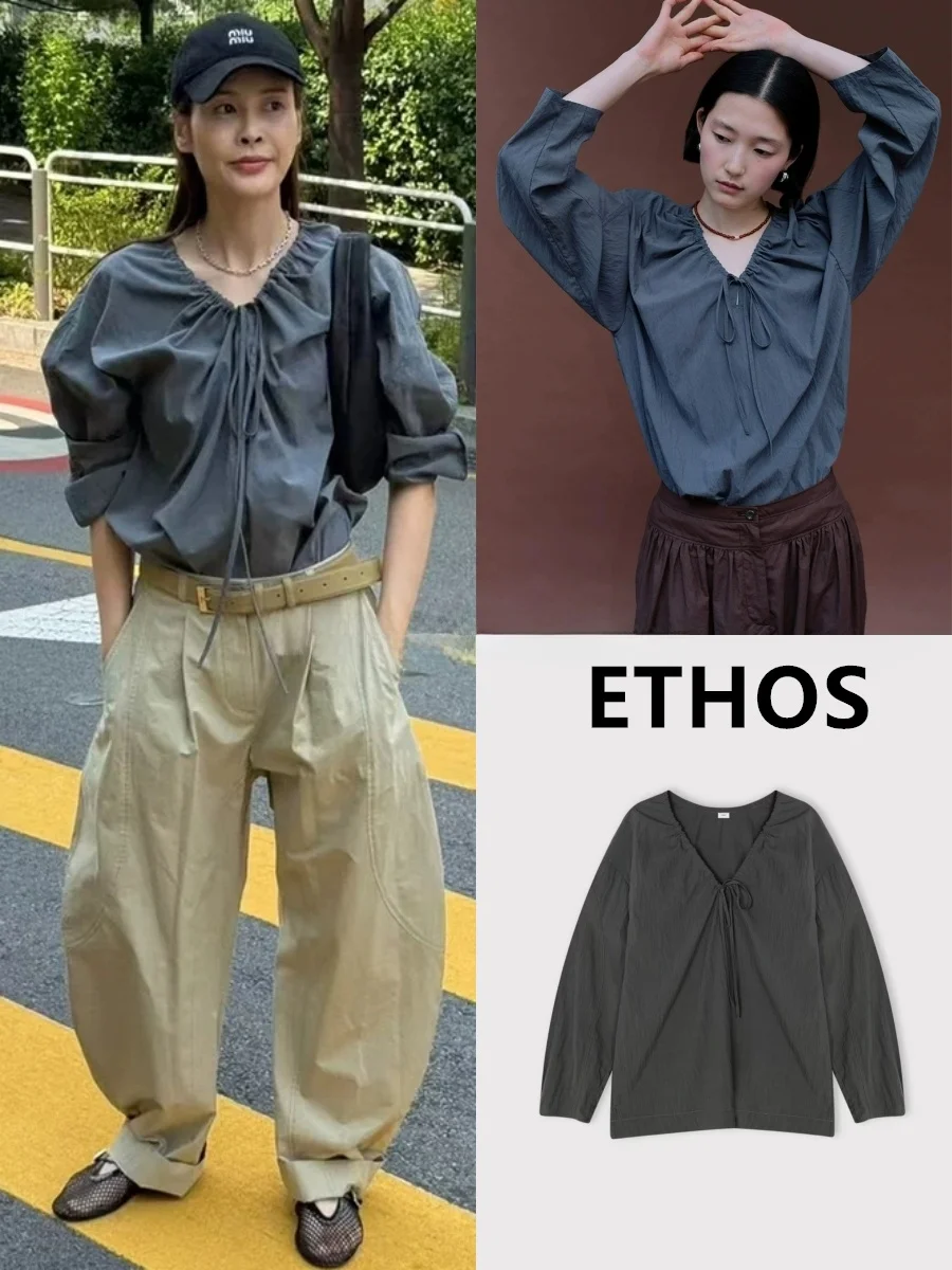Ethos 25 Autumn New Simple Retro High-End V-Neck Drawstring Long Sleeve Shirt Top Women's Loose Fit Pure Cotton Comfortable B... - AliExpress Shirts & Blouses