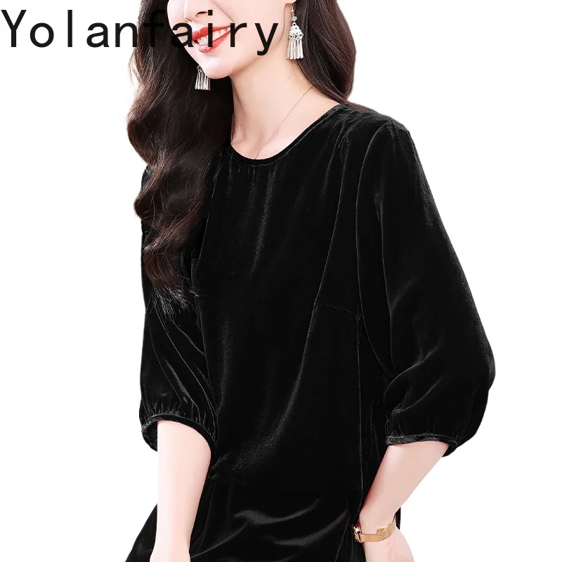 YOLANFAIRY Pure Color Genuine Silk Velvet Blouses for Woman Spring Autumn Elegant Mulberry Silk T Shirts Female Luxury Women Top - AliExpress Shirts & Blouses