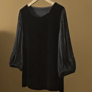 Winsleter-Silk Velvet Elegant Shirt, 3/4 Sleeve Beading Patchwork, Women Retro Commute Loose Sheer Blouse, 2026 Autumn T68435CC - AliExpress Shirts & Blouses