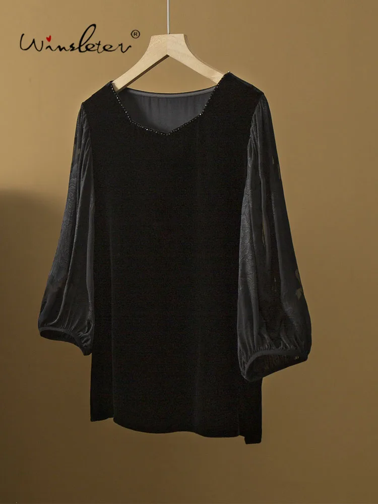 Winsleter-Silk Velvet Elegant Shirt, 3/4 Sleeve Beading Patchwork, Women Retro Commute Loose Sheer Blouse, 2026 Autumn T68435CC - AliExpress Shirts & Blouses