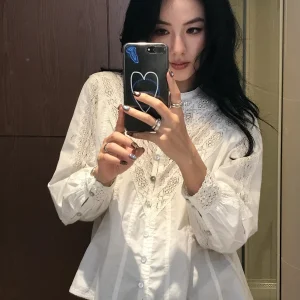 EAR RAE Vintage Lace 100% Cotton Hollow out Lace Patchwork Hem Shirt Top Women's Casual Style Gathered Waist Long Sleeve roun... - AliExpress Shirts & Blouses
