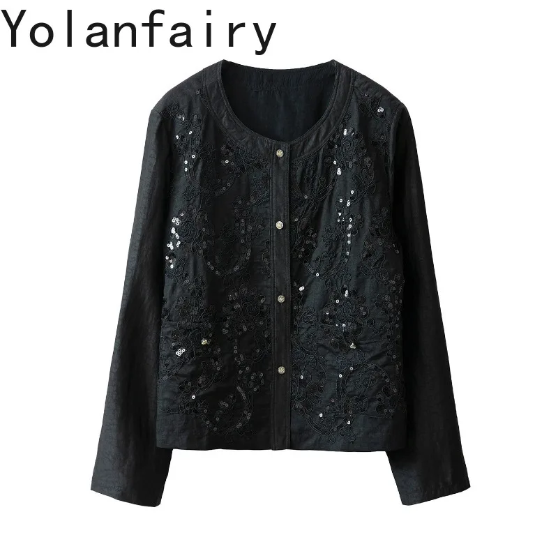 YOLANFAIRY Women Round Neck Real Silk Coat High Quality 100% Mulberry Silk Gambiered Jacket Sequins Long Sleeve Shirts Blouse - AliExpress Shirts & Blouses