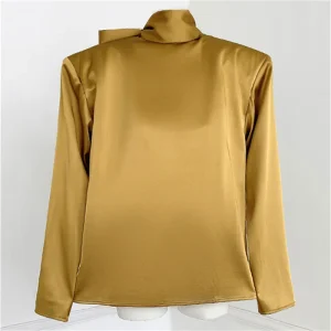 Women's blouse Spring 2026 new shoulder padded slim fit long sleeved top Bow collar women's shirt satin glossy women's tops y2k - AliExpress Shirts & Blouses