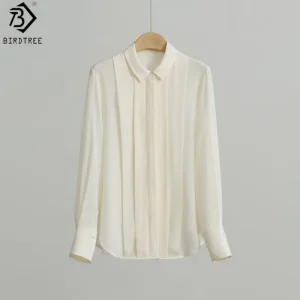 Birdtree, 16MM 100% Real Silk Blouse, Solid Lapel Pleats Tops, Women's Full Sleeve Shirt, French Style, 2026 Spring New T63249JF - AliExpress Shirts & Blouses